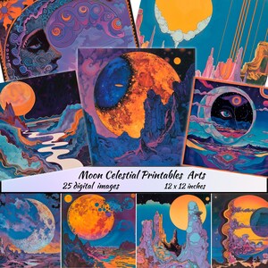 Tarjeta imprimible de la Luna Celestial, descarga de papel para álbum de recortes del zodíaco, papeles digitales para álbum de recortes de galaxias, fondos lunares místicos, diario lunar