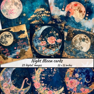 Night Moon ein asiatisch inspiriertes digitales Papier, Floral Moon Ephemera, japanische Leinwand, druckbarer Sakura Mond Hintergrund, Cosmos Space Download