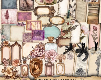 Efímera de diario basura vintage, etiqueta grunge, etiqueta, corte recargado vintage, papel de encaje antiguo, hoja de collage imprimible, adorno para kit de álbum de recortes