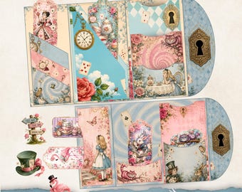 Vintage Wonderland Folio kit, Alice Junk Journal, Tags and Ephemera, Printable Folio, Paper Craft