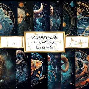 Magic Galaxy Digital Zodiac Sign-kaarten, afbeeldingen voor commercieel gebruik, astrologie dierenriemkaarten, Scrapbook, astrologie afdrukbaar, download dierenriem