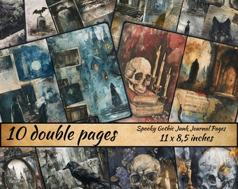 Páginas de diario basura de estilo gótico oscuro, papel gótico de terror, imprimible gótico espeluznante, imprimible de terror, calavera de fantasía de Halloween, diario basura de brujas