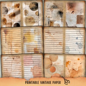 Puede incluir: Una colección de hojas de papel vintage imprimibles con texturas envejecidas, manchas y diseños circulares. Algunas páginas presentan papel rayado, mientras que otras tienen texto manuscrito y formas abstractas. La frase "PRINTABLE VINTAGE PAPER" está en la parte inferior.