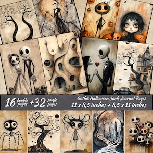 Gothic schattige Halloween-junkdagboekpagina's, afdrukbare nachtmerriepapieren, digitale download, gotische ephemera, papierkunst, gotisch junkjournaal