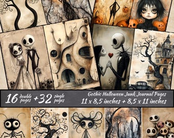 May include: A set of 48 gothic Halloween junk journal pages featuring black and white illustrations of spooky characters, houses, and trees. The pages are 11 x 8.5 inches and 8.5 x 11 inches.