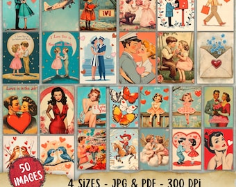 Tarjeta de San Valentín vintage imprimible, paquete de efímeras de diario de amor, diario basura con recortes quisquillosos, tarjeta retro de San Valentín con papel de corazón y postal ATC