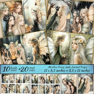 Pages de journal des fées des prés, kit de journal des fées de la forêt, scrapbooking fantastique, magique, collage numérique, fond de fée imprimable