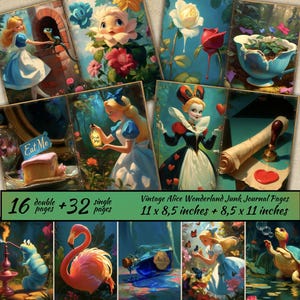Alice in Wonderland Digital Junk Journal Kit, Wonderland-papierkit, afdrukbare Alice, Fantasy Alice Adventures, Tea party plakboekpagina&#39;s
