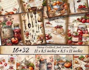 Può includere: Un collage di 16 pagine di ricettario vintage con una varietà di immagini, tra cui barattoli di marmellata, frutta, verdura, utensili da cucina e ricette scritte a mano. Le pagine misurano 11 x 8,5 pollici e 8,5 x 11 pollici.