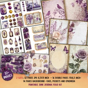 Afdrukbare Junk Journal Folio Kit, Afdrukbaar paars papier, vintage ephemera, label, label, zak, decoratief papier, plakboek, collage, kant