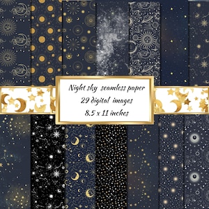 Papel digital de cielo nocturno: patrones de noche estrellada sin costuras, papel de álbum de recortes imprimible de descarga instantánea, patrones celestiales, estrellas imprimibles