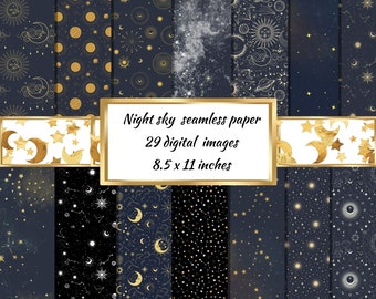 Night Sky Digital Paper - seamless starry night patterns, instant download printable scrapbook paper, celestial patterns, printable stars