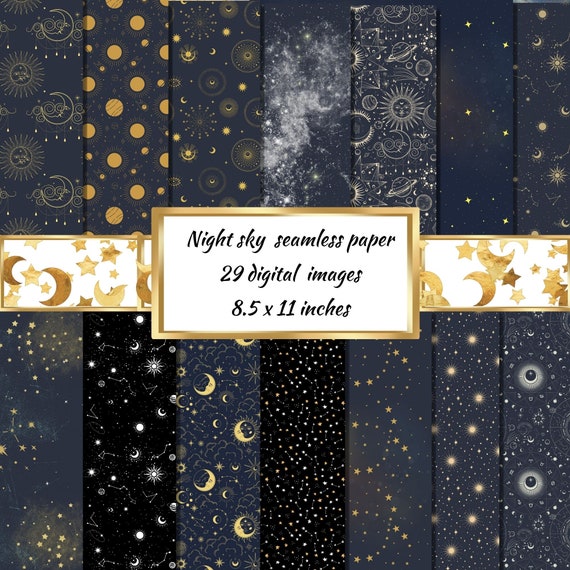 Night Sky Digital Paper - seamless starry night patterns, instant download printable scrapbook paper, celestial patterns, printable stars
