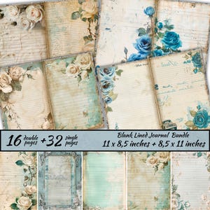 Blank linierte Journal Seiten Bundle, bedruckbares Papier für Junk Journal, Vintage floral Journal, Dekorative Seiten, Shabby Chic Journaling Seiten