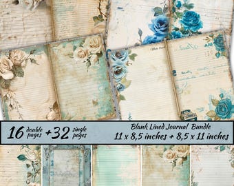 Blank linierte Journal Seiten Bundle, bedruckbares Papier für Junk Journal, Vintage floral Journal, Dekorative Seiten, Shabby Chic Journaling Seiten