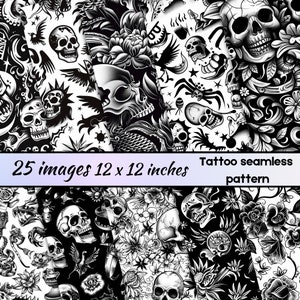 Tattoo nahtlose Muster, Tattoo Themen Muster, Schädel Halloween Scrapbook Papier, Nahtlose Schwarz und Weiß Gothic Papier, Goth Hintergrund