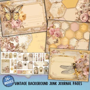 May include: A collection of vintage-style junk journal pages with floral and butterfly illustrations. The pages feature a soft color palette of beige, pink, and gold, with decorative frames and tags. The text "24+ Images" and "Vintage Background Junk Journal Pages" are visible.