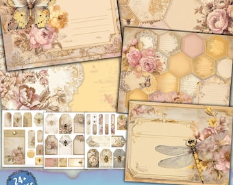 Vintage Background Junk Journal Pages, Honey Bee Printable Ephemera, Scrapbook Collage Sheet, Butterfly Mixed Media,Scrapbook Journal Insert