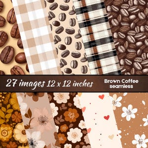 Paquete de papel digital con estampado de café marrón sin costuras, estampado floral, frijoles, arte latte, papel para diario basura de álbum de recortes, uso comercial