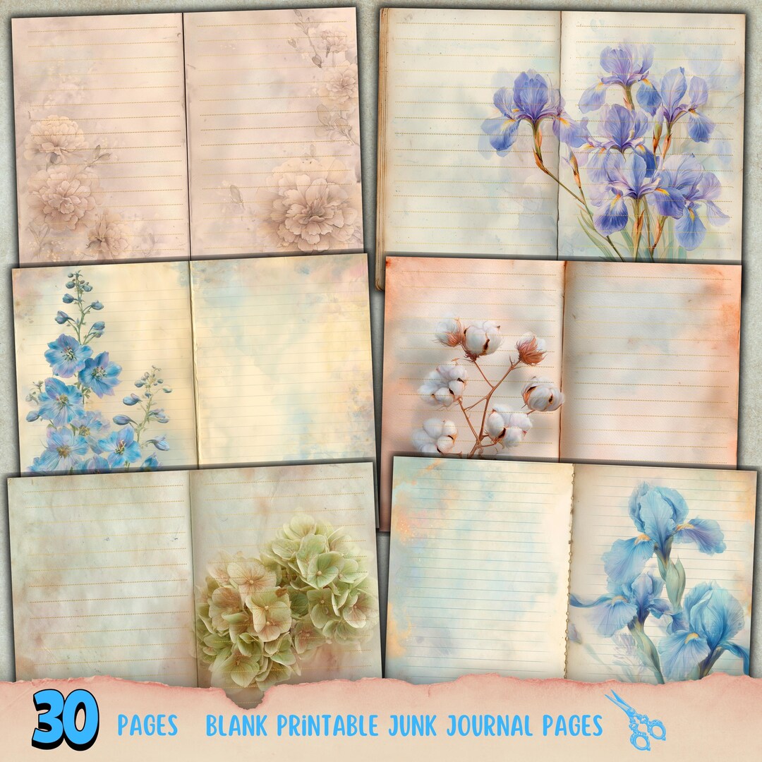 Blank Printable Junk Journal Pages, Vintage Lined Paper, Flower Writing ...