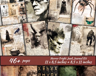 Kit de diario basura de terror, álbum de recortes de monstruos, kit digital de Halloween, fantasía de bruja oscura, hoja de collage espeluznante, fondo gótico
