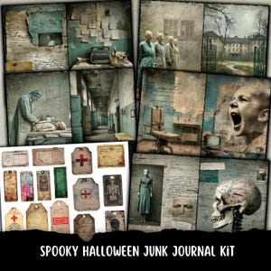 Puede incluir: Un collage de imágenes de estilo vintage con temática de Halloween. Incluye ilustraciones médicas, una máquina de escribir y elementos de papel envejecido. El texto "Spooky Halloween Junk Journal Kit" está en la parte inferior.