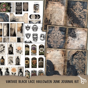 May include: A selection of vintage-style ephemera for junk journaling, including tags, labels, and book pages. The designs feature floral illustrations, skulls, and lace accents in black, cream, and sepia tones. The text reads "VINTAGE BLACK LACE HALLOWEEN JUNK JOURNAL KIT".