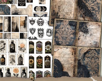 May include: A selection of vintage-style ephemera for junk journaling, including tags, labels, and book pages. The designs feature floral illustrations, skulls, and lace accents in black, cream, and sepia tones. The text reads "VINTAGE BLACK LACE HALLOWEEN JUNK JOURNAL KIT".
