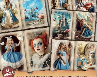 Alice in Wonderland Junk Journal Kit,  Collage Papers, Digital Download, Tea party printables, Whimsical journal kit , Scrapbook,Paper Craft