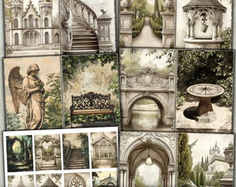 Gothic Garden Junk Journal Kit, Digital scrapbook pages, Printable Embellishment, Grunge Paper, Botanical collage sheet