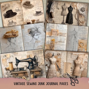 Puede incluir: Un collage de páginas de diario vintage con temática de costura. Las páginas presentan ilustraciones de sombreros, maniquíes y máquinas de coser. El texto "VINTAGE SEWING JUNK JOURNAL PAGES" está en la parte inferior. La paleta de colores es principalmente sepia.