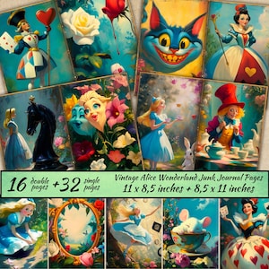 vintage Pages de journal indésirable d'Alice au pays des merveilles, kit de papier du pays des merveilles, chapelier fou, album fantastique, feuille imprimable de collage d'aventure d'Alice