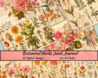 Botanical Herbs Junk Journal Pages, Vintage Plant Ephemera  Herbal Printable, Digital Scrapbook Paper Kit, Apothecary Antique Collage Sheet