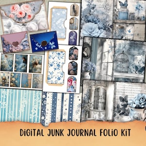 Blu ジャンク ジャーナル フォリオ キット、ヴィンテージ エフェメラ、タグ ラベル ポケット、コテージ プリント可能ページ、スクラップブック、コラージュ、封筒 DIY、プリント可能なボヘミアン