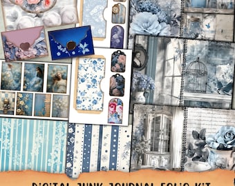 Blu Junk Journal Folio Kit, Vintage Ephemera, Cottagecore Printable (Digital Download)