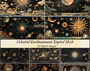 May include: A digital collage of 30 celestial-themed images in a 16x9 aspect ratio. The images feature a dark background with gold, white, and blue celestial bodies, including stars, planets, moons, and suns. The text "Celestial Enchantment Digital 16x9" and "30 digital images" is included in the image.