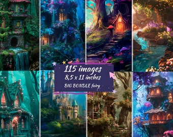May include: A collage of eight images featuring whimsical fairy houses and magical forest scenes. The images are arranged in a grid pattern and feature a variety of colors, including greens, blues, purples, and pinks. The text "115 images 8.5 x 11 inches BIG BUNDLE fairy" is superimposed on the images.