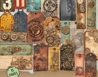 Vintage Steampunk Ephemera, Printable Grunge Label, Tag, Printable Industrial Grunge Paper, Collage sheet, fussy cut, Mechanical scrapbook