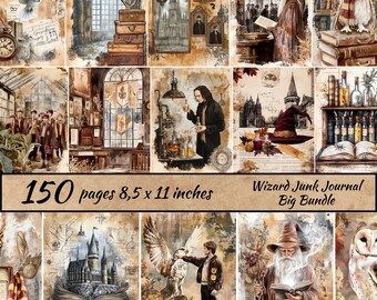 Paquete grande de diarios basura de mago, diario basura de la escuela de magia, hoja de collage digital de mago, diario basura mágica, diario basura de mago y libros