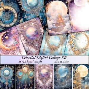 Maan en sterren ongewenste dagboekpagina's, Lunar Magic digitale download, Scrapbook Celestial Ephemera, Night Sky Efemere, astronomie afdrukbare
