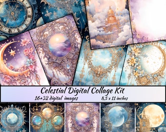 Moon and Stars Junk Journal Pages, Lunar Magic Digital Download, Scrapbook Celestial Ephemera,  Night Sky Ephemera, Astronomy Printable