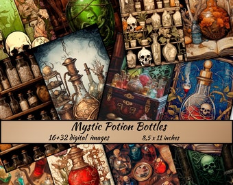 May include: A digital collage of 16-32 images featuring various potion bottles with intricate designs and skulls. The bottles are filled with colorful liquids and are surrounded by flowers, plants, and other mystical elements. The text "Mystic Potion Bottles" is displayed at the bottom of the collage.
