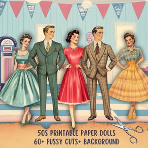 Poupée en papier imprimable des années 50, tenue de journal de poupée, hommes rétro dames coupe difficile, éphémères numériques, image de journal indésirable, kit d'autocollants de scrapbooking, fabrication de cartes