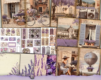 Lavender Junk Journal Kit, Tag, Ephemera, Junk Journal Supplies, Provence Folio, Purple Printable Page, Botanical Download, Scrapbook Paper