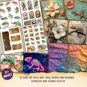 Chameleon Junk Journal Folio kit, Tags, Ephemera, Reptil Papier Handwerk, Printable Ephemera, Reptil Papier, Tasche, Anhänger, Scrapbook, Kartenherstellung