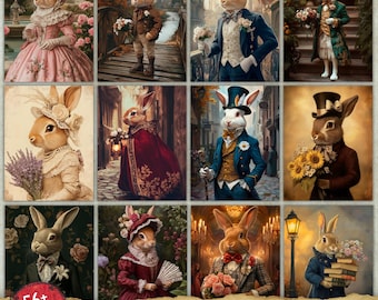 Vintage Bunny Digital Paper, Victorian Rabbit, ATC Card Printable, Animal Portrait Ephemera Pack, Digital Junk Journal page,Collage Download