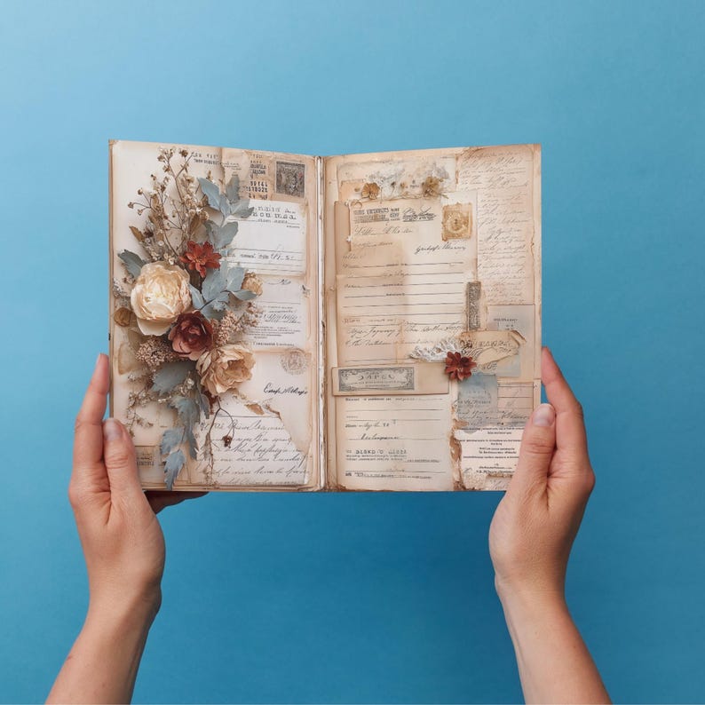 May include: An open vintage scrapbook with aged paper pages, adorned with dried flowers, stamps, and ephemera. The left side features a floral arrangement with cream, burgundy, and blue-grey accents. The background is a solid blue.