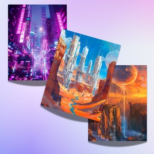 Op de afbeelding: Drie digitale kunstprints met futuristische stadsgezichten. De eerste print toont een neonverlichte stad met regen. De tweede print toont een woestijnlandschap met een futuristische stad op de achtergrond. De derde print toont een kloof met een waterval en een grote rode planeet aan de hemel.
