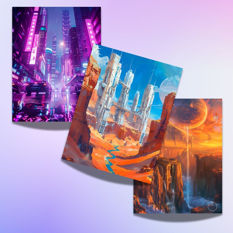 Op de afbeelding: Drie digitale kunstprints met futuristische stadsgezichten. De eerste print toont een neonverlichte stad met regen. De tweede print toont een woestijnlandschap met een futuristische stad op de achtergrond. De derde print toont een kloof met een waterval en een grote rode planeet aan de hemel.