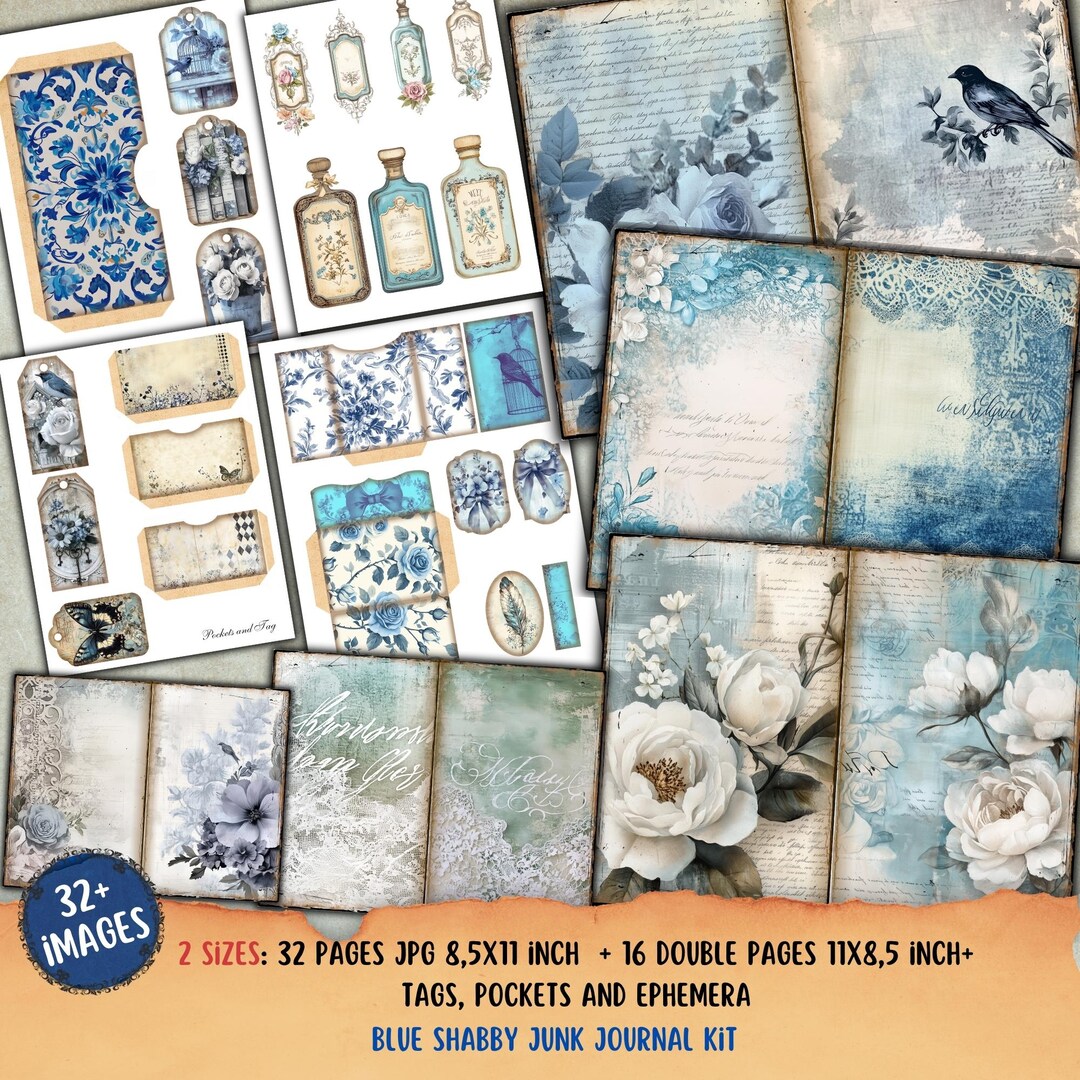 Blue Shabby Junk Journal Kit, Printable Folio, Vintage Ephemera, Tag ...